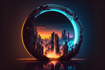 Wall Mural - Cyberpunk cityscape in virtual reality with a luminous spherical doorway at the end of the street; abstract neon backdrop. Generative AI