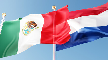 Wall Mural - mexico and netherlands flags waving in the wind against a blue sky. mexican, holland national symbols 3d rendering