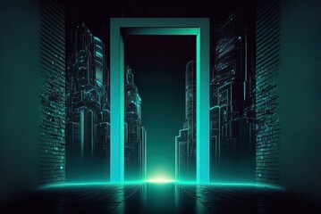 Wall Mural - Skyscrapers beneath a starry night sky; a flashing neon doorway; vertical lines in cyberspace; a cityscape in virtual reality; an empty street in a magnificent emerald metropolis; Generative AI