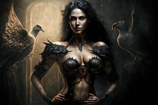 Portrait of a fantasy dark  female warrior . Fantasy illustration.  Image created with Generative AI technology.
