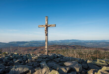 Scenic View Of A Mountain Top (Lusen) With Crucifix Cross At Summit, Bavarian Forest National Park, Bavaria, Germany