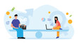 Vector illustration of gender equality. Cartoon scene with guy and girl who are sitting on the scales of equality on white background.
