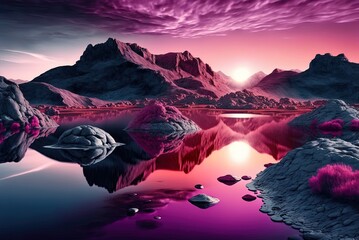 Wall Mural - , a panoramic abstract backdrop depicting a fantastical environment with a lake, mountains, and a pink and violet sunset sky. Psychedelic horizontal murals Generative AI