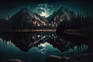 Wall Mural - Scenery of a woodland and river in the nighttime. Stars, mountains, etc. Moonlight mirrored on the sea. Constantly obscuring natural darkness. Generative AI