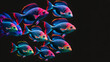 glowing colorful fishes on black background, neural network generated art