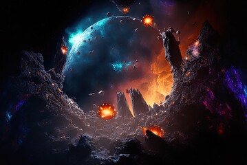 Fototapete - Space-themed digital paintings. Incredibly fantastical universe. Elements of science fiction. Asteroid, moon, and rock concept. To a black hole, the sun. Generative AI