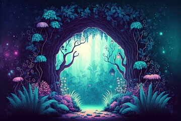 Wall Mural - Faerie woodland scenery for your backdrop story. Fantasy-themed 2D wallpaper, poster, card, or backdrop art. Decor ideas for a baby's room. Generative AI