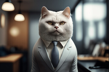 Wall Mural - portrait of a cat in a suit in an office, ai generated