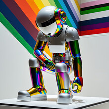 Shiny Metal Robot Sculpture At A White Room Gallery Exhibit Illustration Made With Generative AI