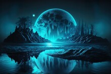 Moonlight And A Futuristic Nightscape. Scene From Nature At Night, With Blue Neon Light Reflecting Off The Water. Culminating In A Black Abstract Backdrop. Generative AI