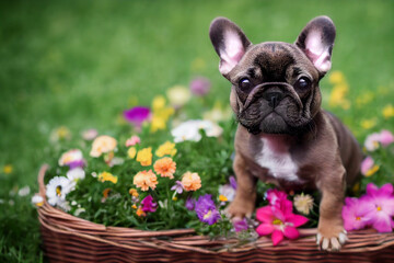 Wall Mural - little cute french bulldog puppy sitting in a wicker basket with colorful flowers in a colorful meadow, generative ai