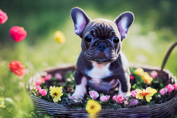 Wall Mural - little cute french bulldog puppy sitting in a wicker basket with colorful flowers in a colorful meadow, generative ai