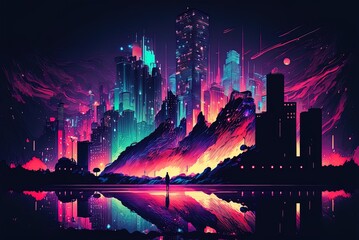 Fototapete - Japanesque neon signs and a fantastical cityscape at night. Paintings with abstract compositions Generative AI