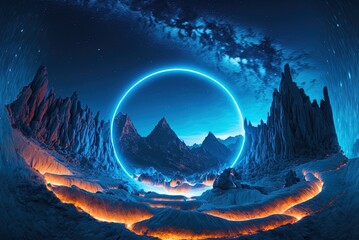 Wall Mural - Lovely, simple, fantastical landscape. Circles of blue neon light up the mountains against a cyclical starry night sky. Generative AI