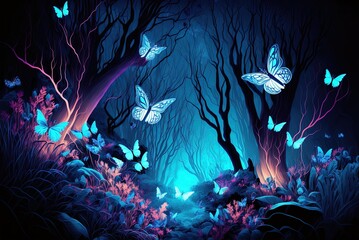 Wall Mural - Nighttime bioluminescent flora and wildlife in a dream forest, complete with fluttering fairies in the form of illuminating flowers and lovely butterflies Generative AI