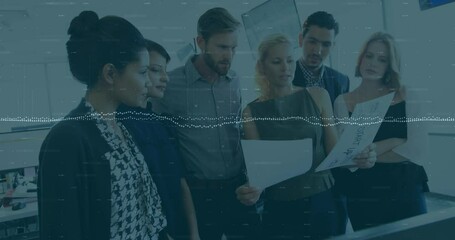 Poster - Animation of data processing over diverse team of colleagues reading documents together at office