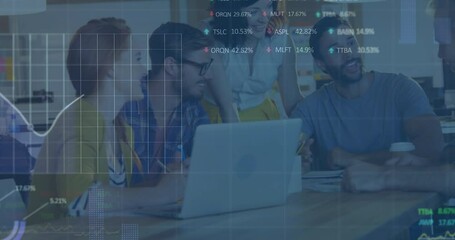 Poster - Animation of stock market data processing over diverse colleagues discussing together at office