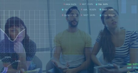 Poster - Animation of stock market data processing over group of diverse colleagues discussing over a laptop
