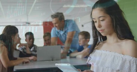 Poster - Animation of data processing over diverse students with male teacher using electronic devices