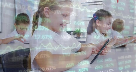 Poster - Animation of trading board over caucasian students using digital tablet in classroom