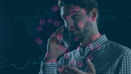 Poster - Animation of data processing over caucasian businessman talking on smartphone