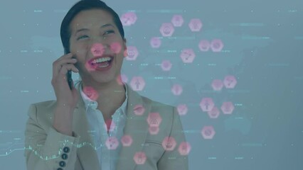Poster - Animation of data processing over asian businesswoman talking on smartphone
