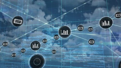 Poster - Animation of connected icons over programming language against cloudy sky