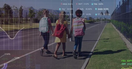 Poster - Animation of financial data processing over diverse school children walking alongside road
