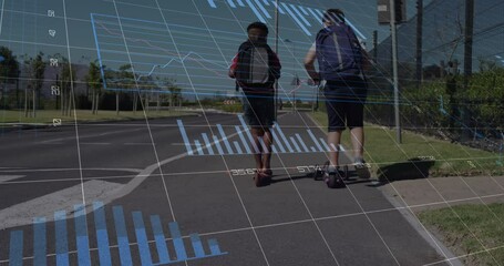 Poster - Animation of financial data processing over diverse schoolboys on scooters