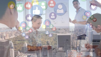 Canvas Print - Animation of social media icons and cityscape over diverse business people in office