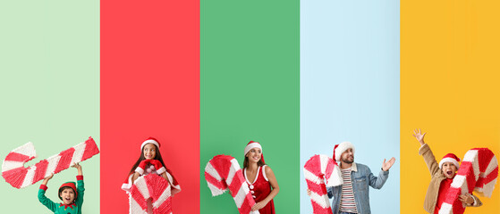 Sticker - Set of people with Christmas candy cane pinatas on color background