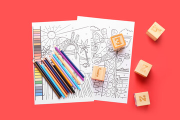 Poster - Coloring pages, pencils and cubes on red background