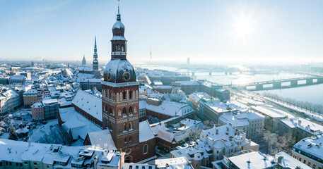 Wall Mural - aerial view of the winter riga old town - the capital of latvia. beautiful winter over riga.