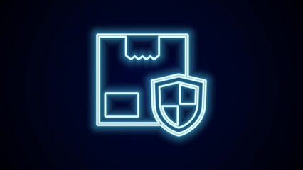 Poster - Glowing neon line Delivery security with shield icon isolated on black background. Delivery insurance. Insured cardboard boxes beyond the shield. 4K Video motion graphic animation