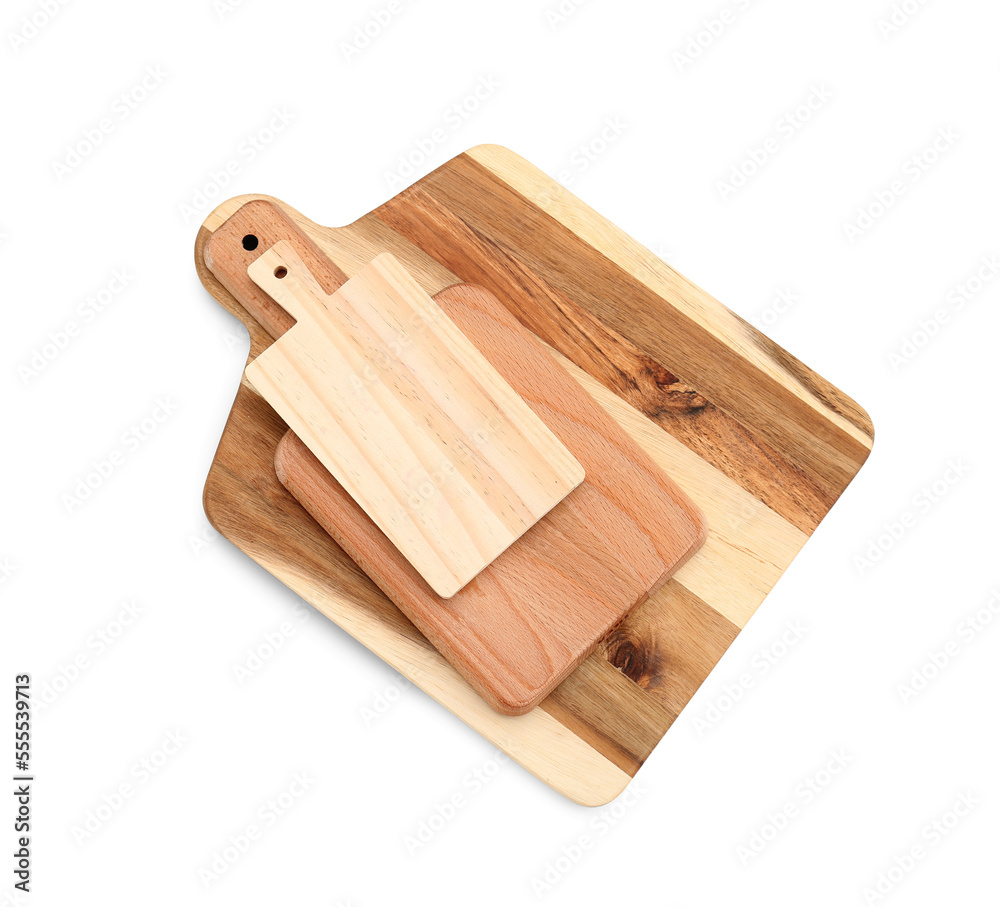 Different wooden boards on white background