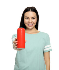 Sticker - Beautiful happy woman holding red beverage can on white background