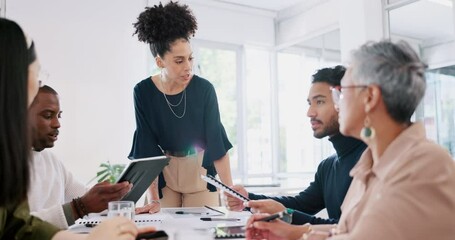 Poster - Meeting, teamwork and business people in discussion for planning in office conference room. Collaboration, brainstorming and corporate team working on project, report or review together at workplace.
