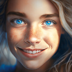 Friendly beautiful young teen woman smiling at camera portrait illustration, blue eyes freckles and blonde, cute and empathetic. Generative AI