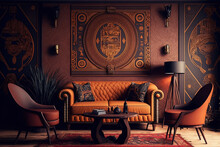 Luxury Antique African Living Room Interior Design. Architecture Design Classic Interior. Afrofuturism. Orange And Brown Color Scheme. Generative Ai
