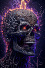 Screaming Evil Skull Head Devil With Electric Sparks On Head And Red Eyes, Day Of The Dead, Horror, Possessed. Judgement Day Concept, Revelation,  Generative Ai