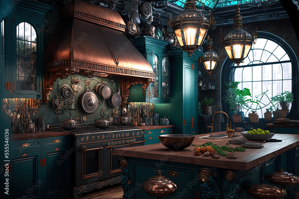 Steampunk Menu antique classic steampunk brass kitchen with colorful teal accents ...