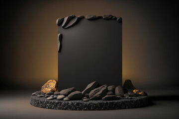 Canvas Print - A pedestal or podium with a minimalist design for a product backdrop. product mockup on a stand. a dark shade. Background of rocks and stones. Generative AI