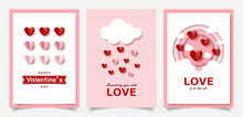 Set Of Valentine's Day Greeting Cards With Paper Cut Hearts And Elements.