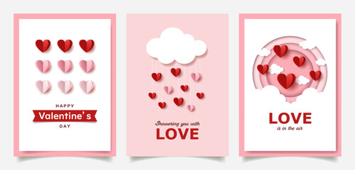 Wall Mural - Set of Valentine's Day greeting cards with paper cut hearts and elements.