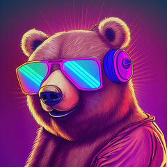 Wall Mural - Cool neon party bear in sunglasses. Generative AI. Not based on any