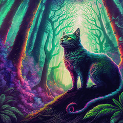 Neon psychedelic cat in enchanted forest. Generative AI. Not based on