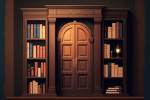 A Cabinet Or Library With Doors And Books Made Of Wood. An Internal Library With Bookshelves And An Empty Store, University, School, Or House Is Depicted In A Cartoon. Generative AI