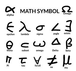 Collection of math symbols in hand drawn style, omega, delta, theta, alpha, lambda, sigma, pi, eta, epsilon, beta. school, study