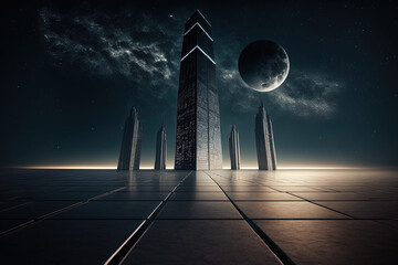 Canvas Print - Perspective of a barren floor with a contemporary skyscraper and a stunning night metropolis in the backdrop. Generative AI