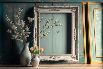 Canvas Print - Shabby chic style wooden boards in a house interior with a decorated frame and apricot blossoms. Copy space. Generative AI